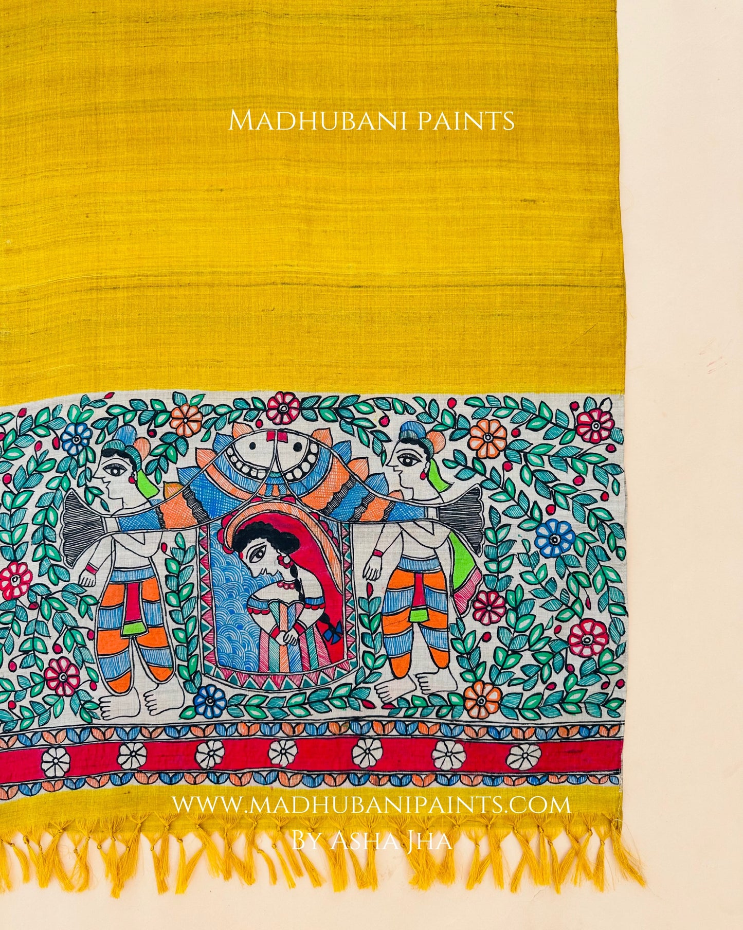 Doli Yellow Madhubani Hand-painted Tussar Silk Stole