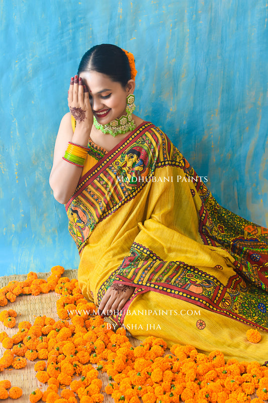 KAMESHWARI Madhubani Hand-painted Chanderi Silk Saree Blouse Set