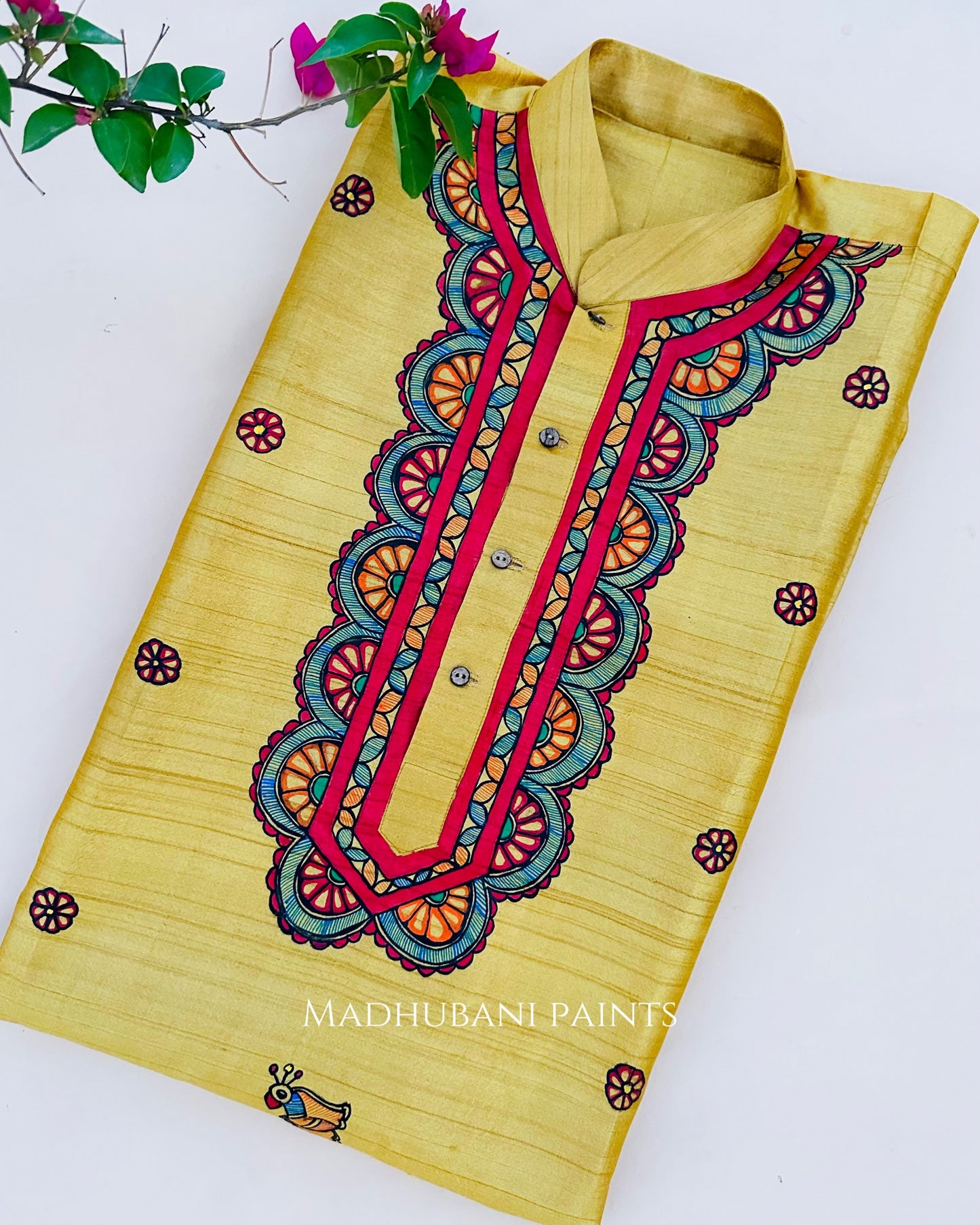 Minimal Men's Hand-painted Yellow Madhubani Tussar Silk Kurta