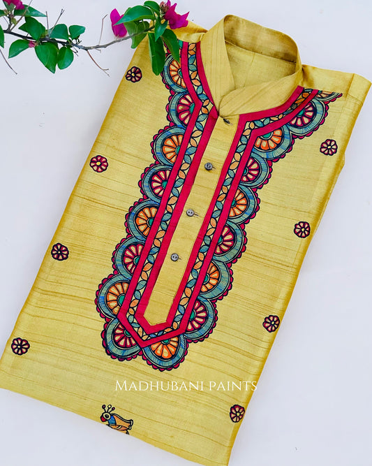 Minimal Men's Hand-painted Yellow Madhubani Men's Tussar Silk Kurta