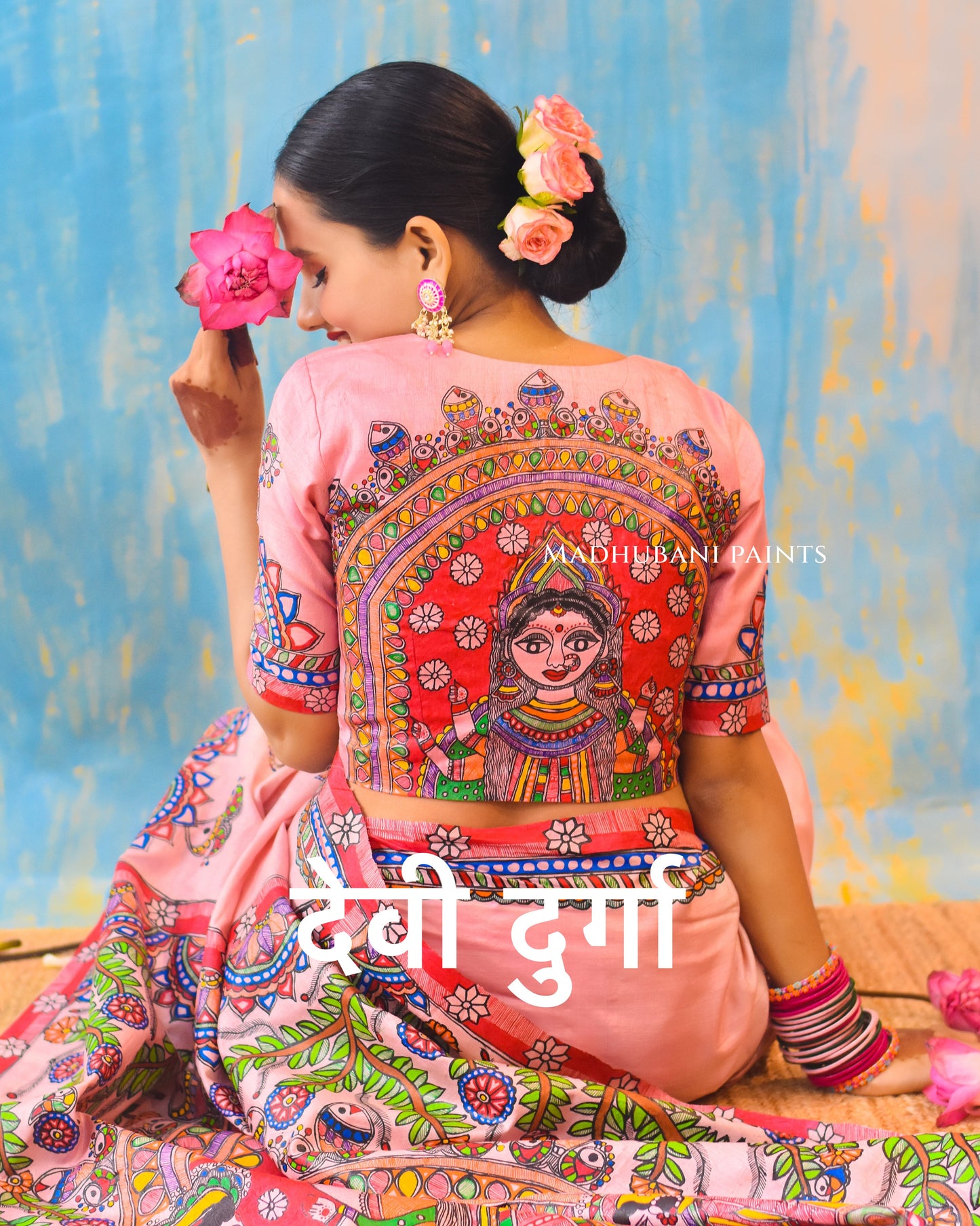 PADAMSUNDARI Hand-painted Madhubani Tussar Silk Saree Blouse Set