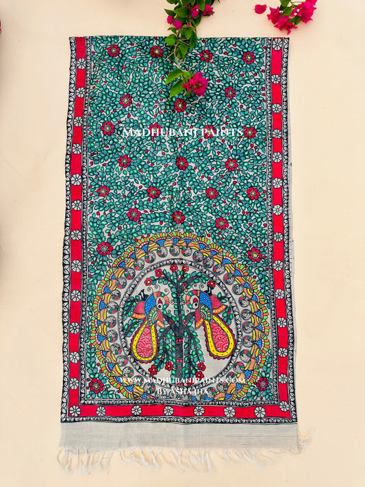 Madhubani Mayuri Full Tussar Silk Madhubani Hand-painted Stole