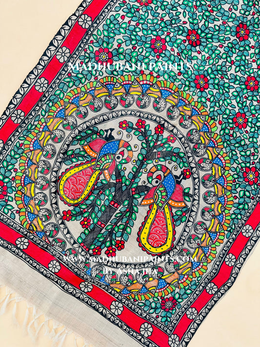 Madhubani Mayuri Full Tussar Silk Madhubani Hand-painted Stole