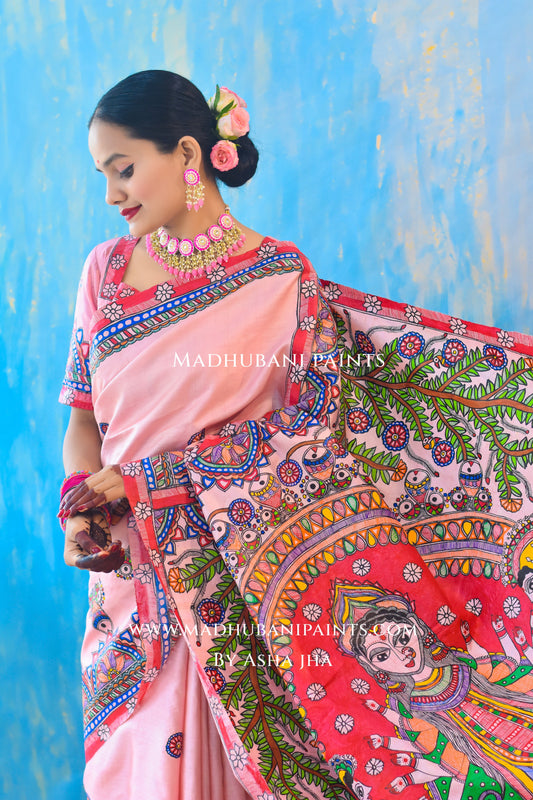 PADAMSUNDARI Hand-painted Madhubani Tussar Silk Saree Blouse Set