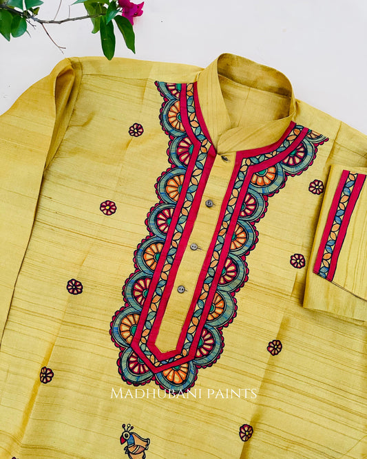 Minimal Men's Hand-painted Yellow Madhubani Men's Tussar Silk Kurta