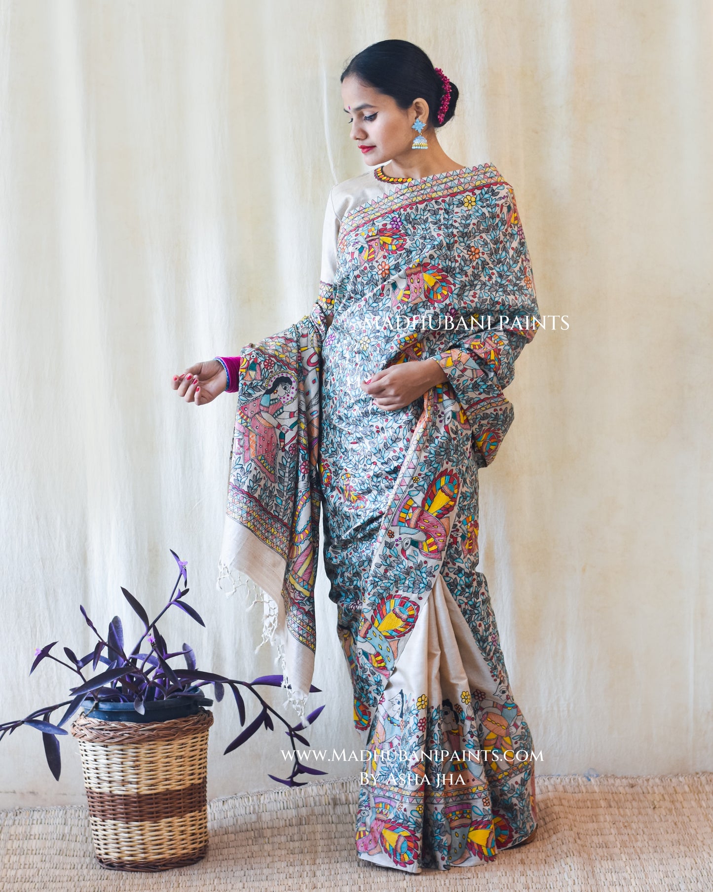 NEEL RAMAYAN Half Work Hand-painted Madhubani Tussar Silk Saree Blouse Set