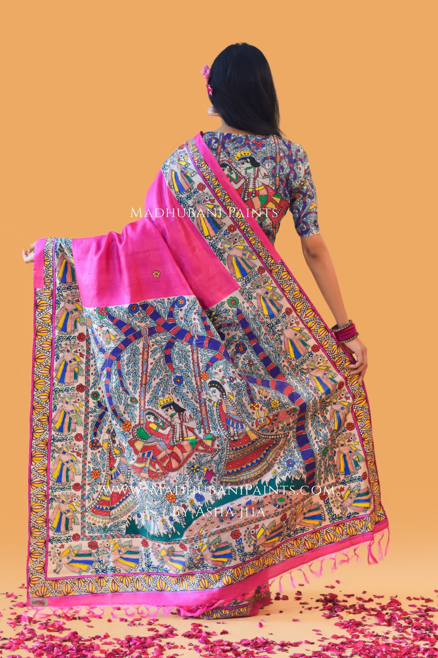 RAAS LEELA Hand-painted Madhubani Tussar Silk Saree Blouse Set