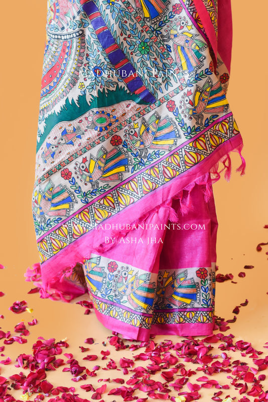 RAAS LEELA Hand-painted Madhubani Tussar Silk Saree