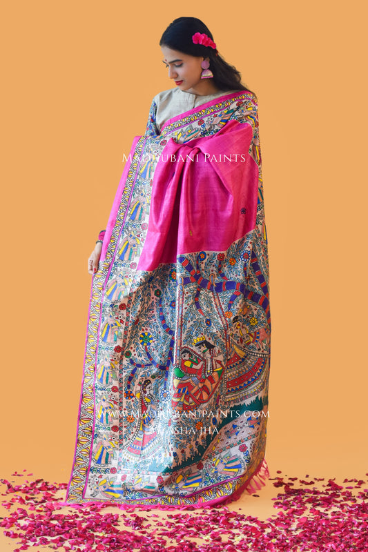 RAAS LEELA Hand-painted Madhubani Tussar Silk Saree Blouse Set