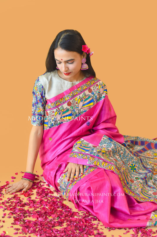RAAS LEELA Hand-painted Madhubani Tussar Silk Saree