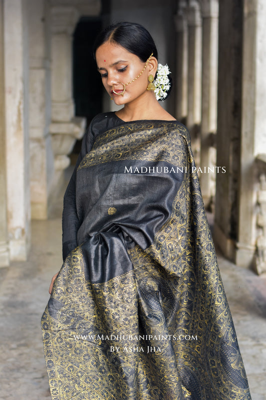RADHA KRISHNA NRITYA Hand-painted Madhubani Tussar Silk Saree Blouse Set