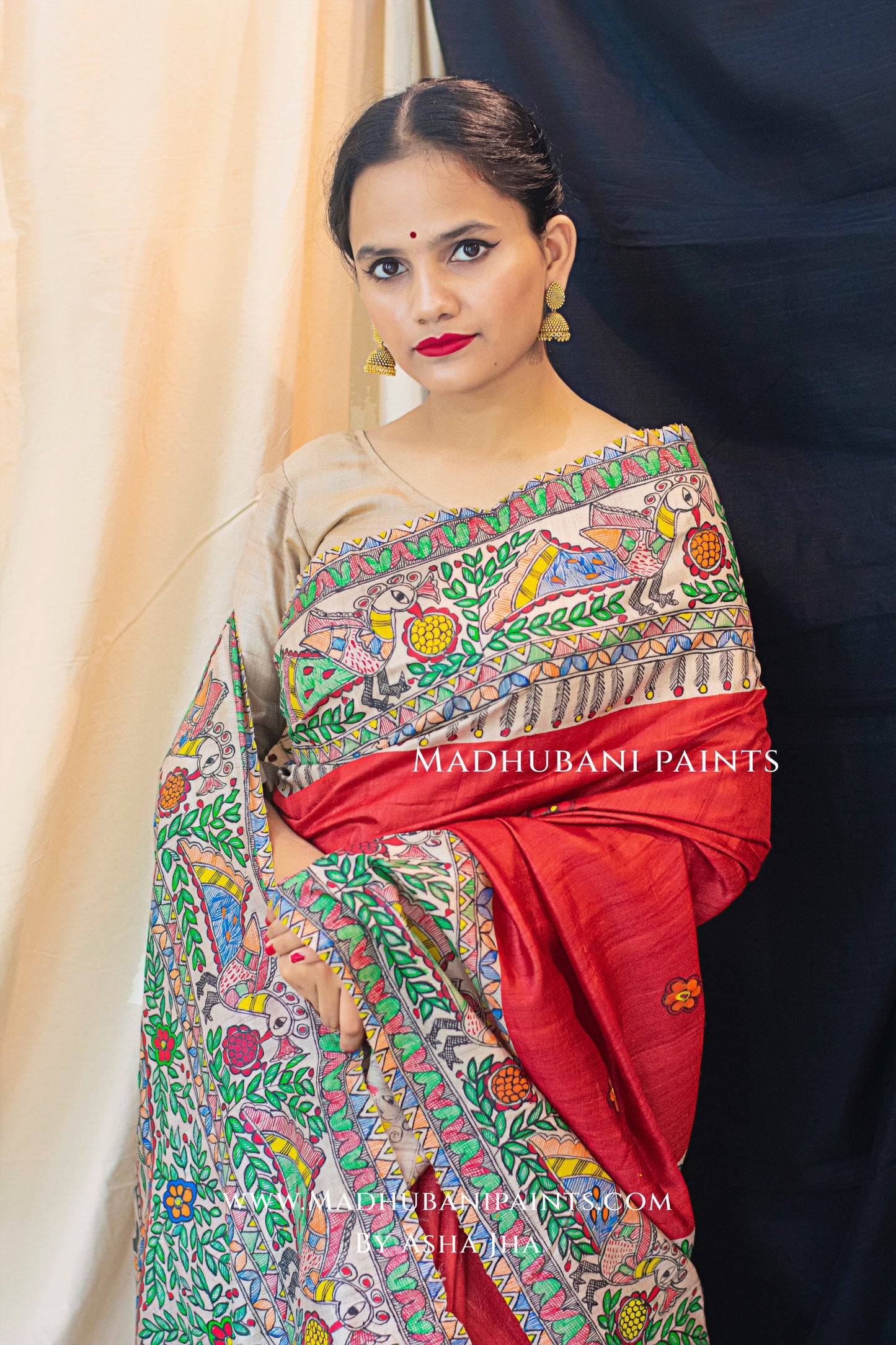 LAAL MANORATH Handpainted Madhubani Tussar Silk Saree Blouse Set