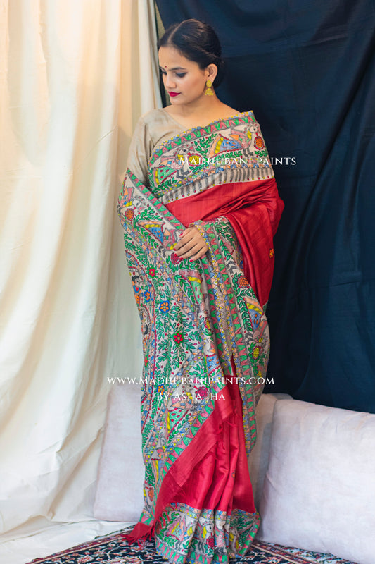 LAAL MANORATH Handpainted Madhubani Tussar Silk Saree Blouse Set