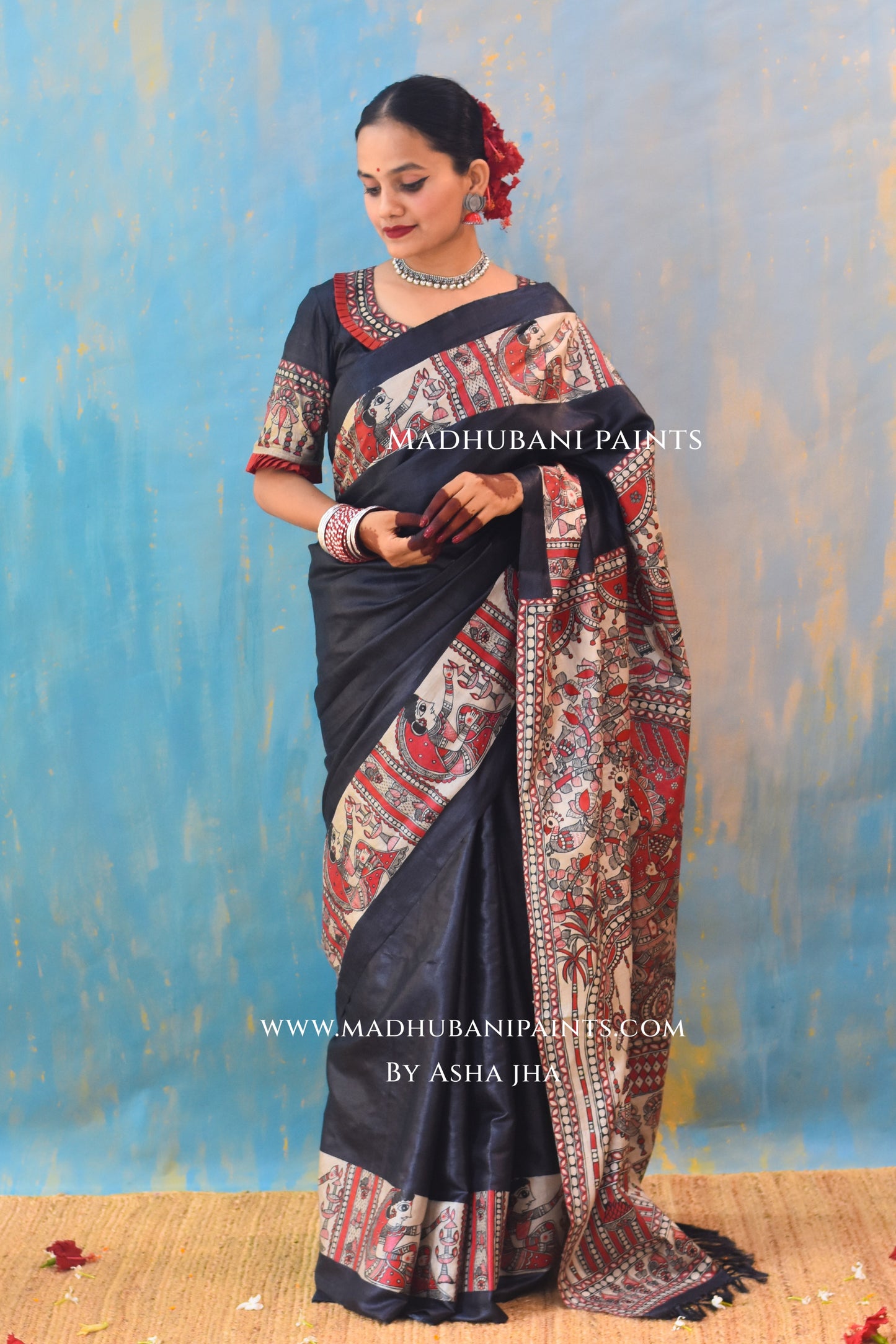 SHAMBHAVI Hand-painted Tussar Silk Saree Blouse Set