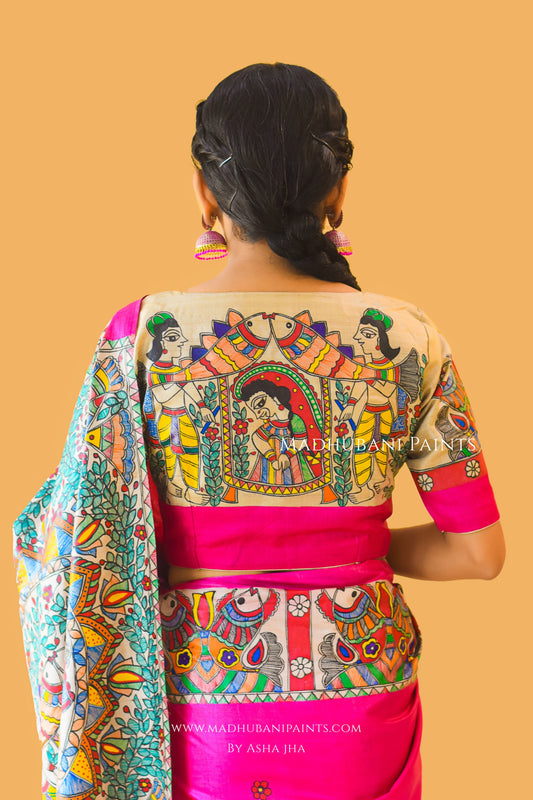 PAVAN VIVAAH Hand-painted Madhubani Tussar Silk Saree Blouse Set