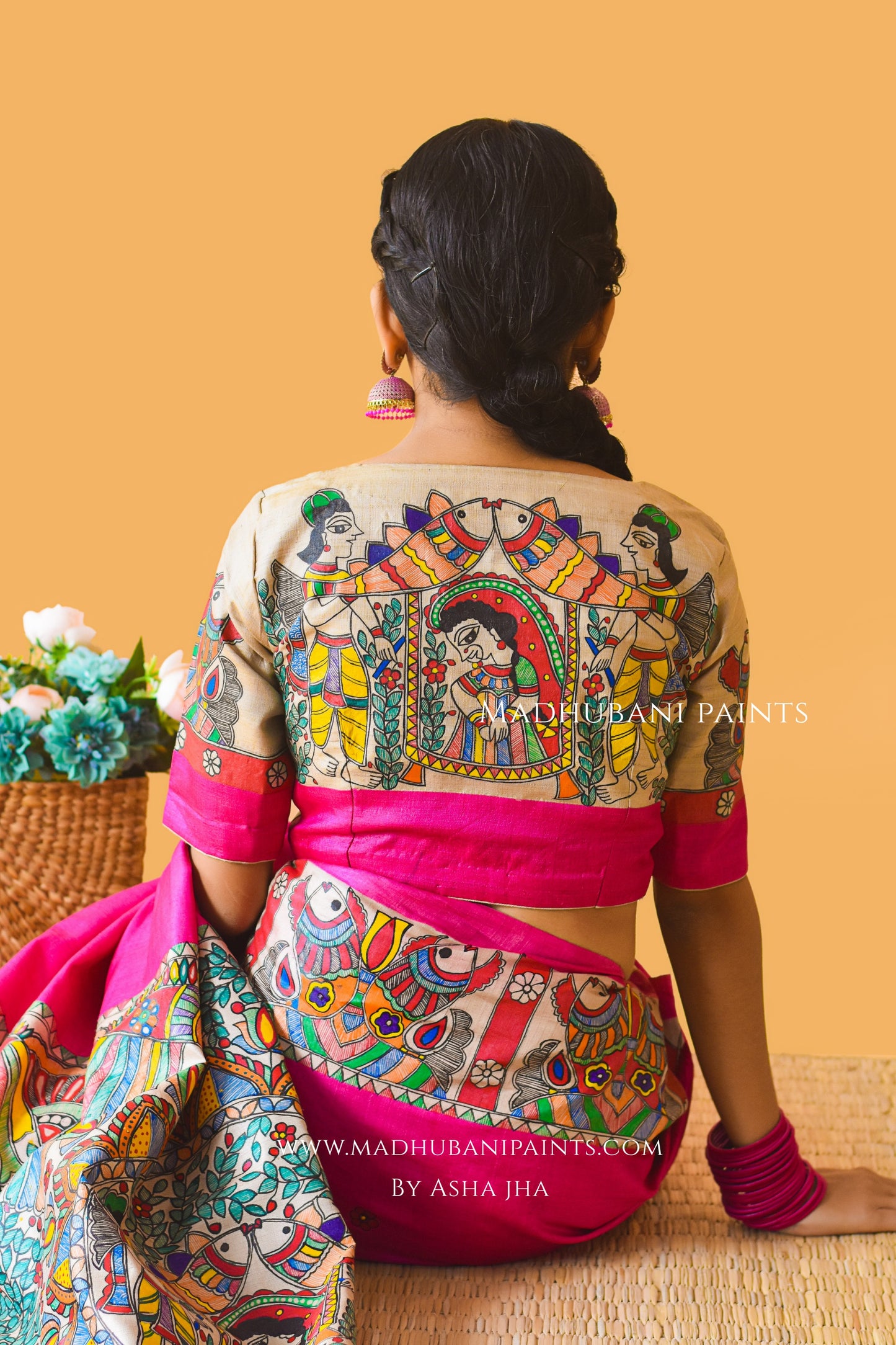 PAVAN VIVAAH Hand-painted Madhubani Tussar Silk Saree Blouse Set