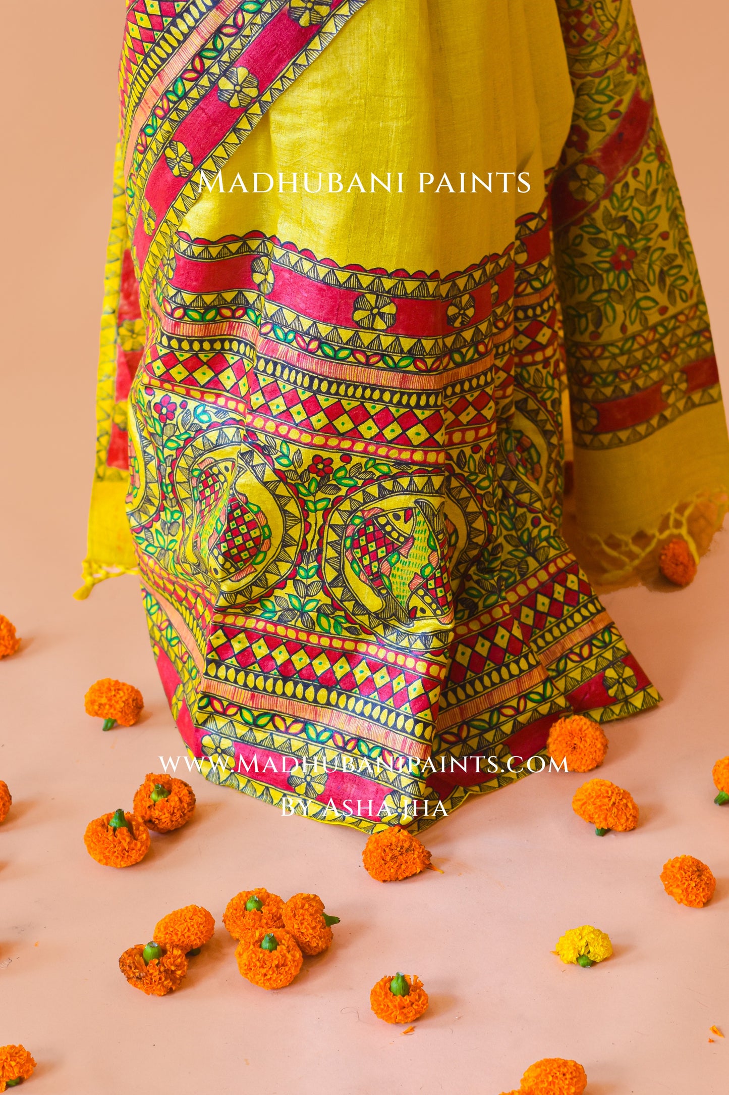 MATSYA SANGAM Hand-painted Madhubani Tussar Silk Saree Blouse Set