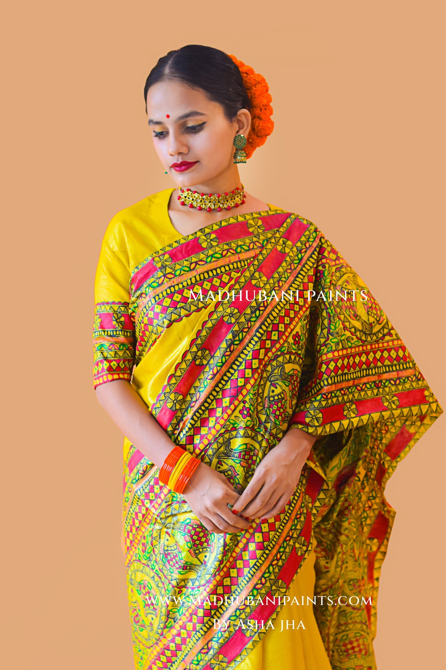 MATSYA SANGAM Hand-painted Madhubani Tussar Silk Saree Blouse Set