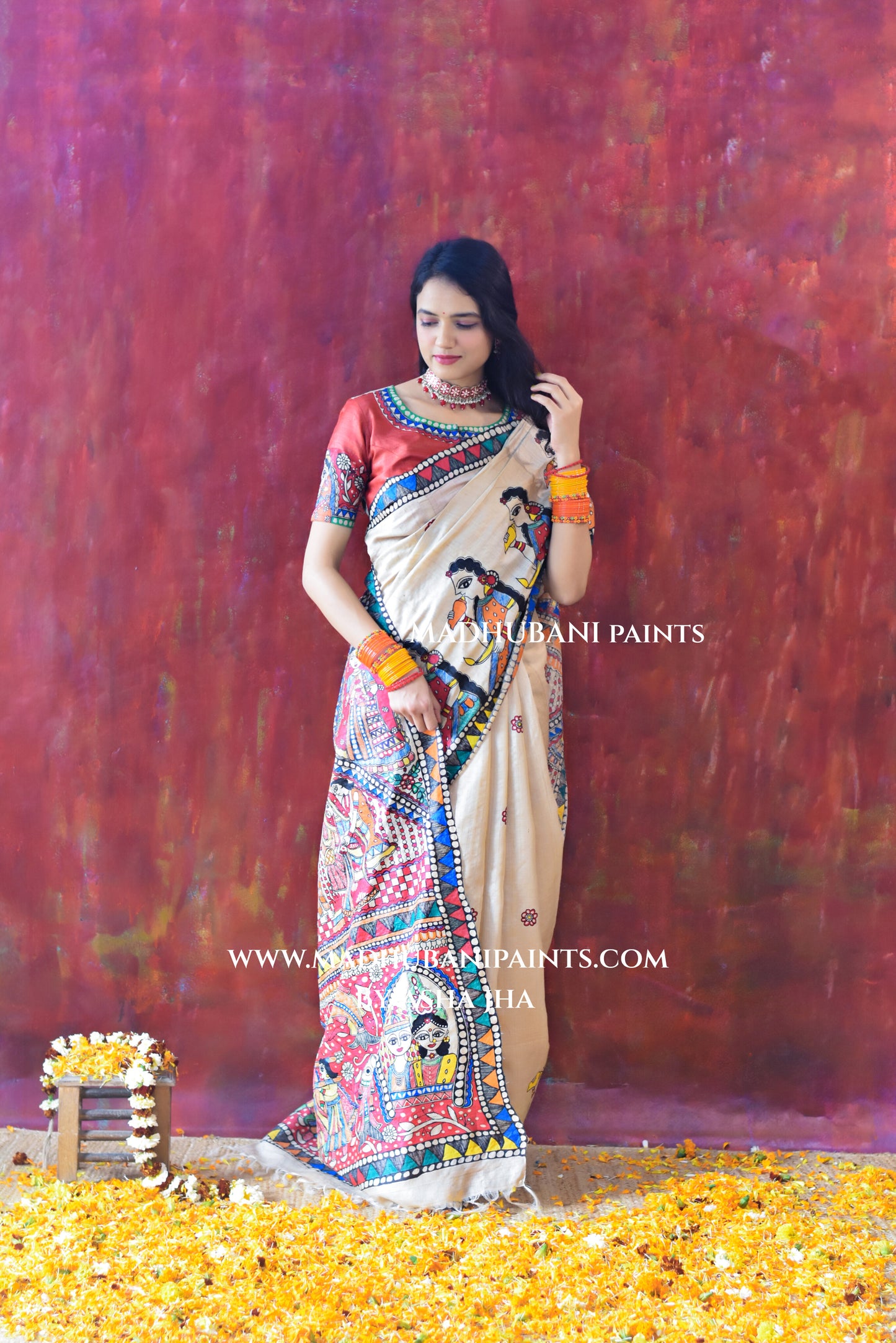 Bengali Vivah Hand-painted Madhubani Tussar Silk Saree