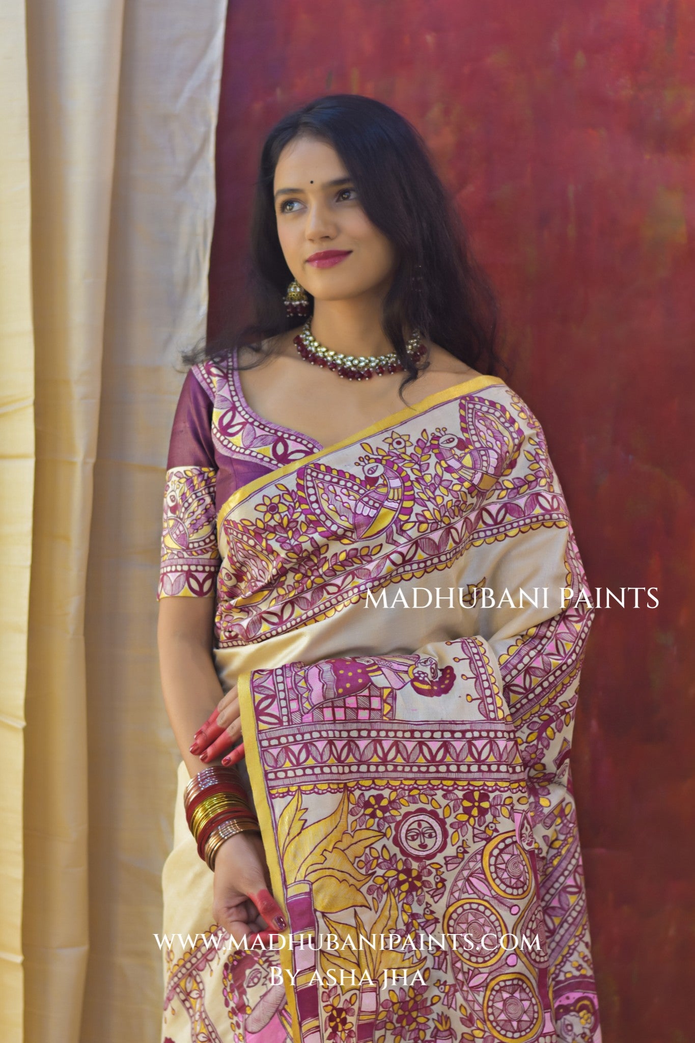 SUHAGIN Hand-painted Madhubani Tussar Silk Saree Blouse Set