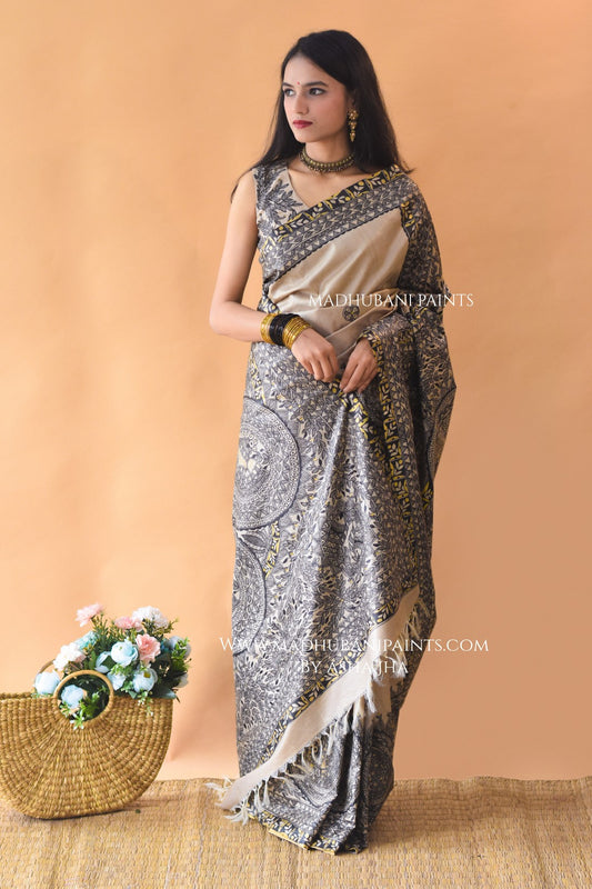 MITHILA KI MORNI Handpainted Madhubani Saree Blouse Set