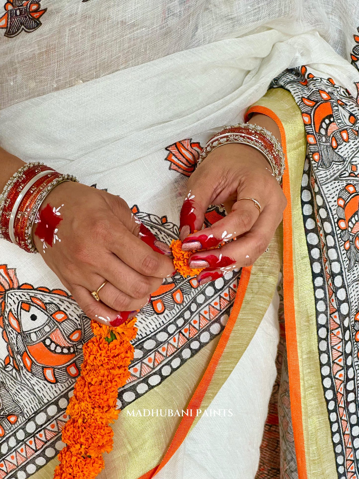 Linen Radha Krishna Hand-painted Madhubani Painting Saree