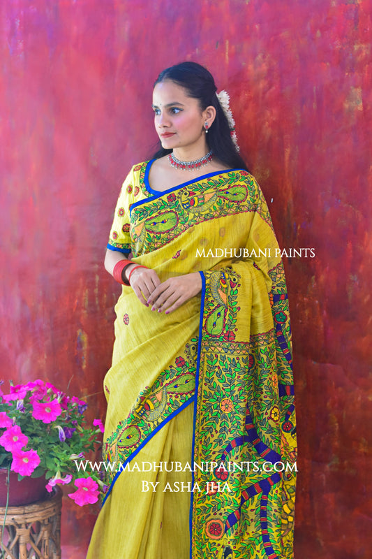 BRAJ KI BELA Hand-painted Madhubani Chanderi  Saree Blouse set