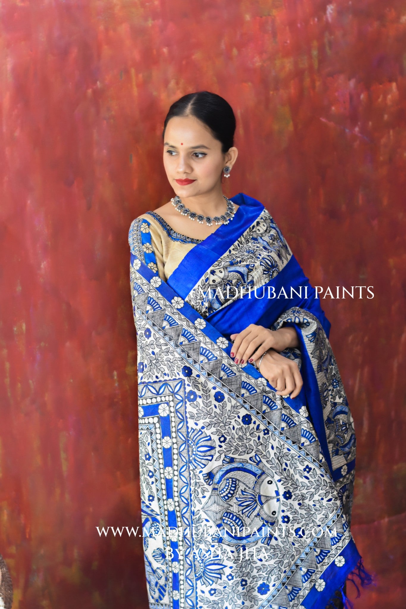 'SAUNDARYA' Hand-painted Madhubani Tussar Silk Saree Blouse Set