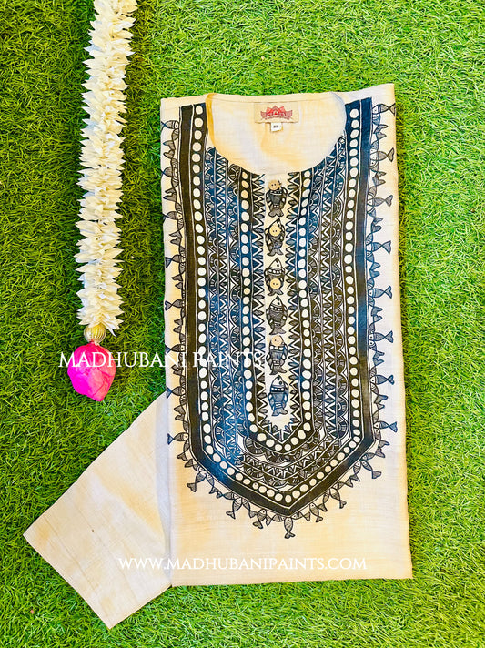 Kaali Surmai Kamal Hand-painted Madhubani Men's Tussar Silk Kurta