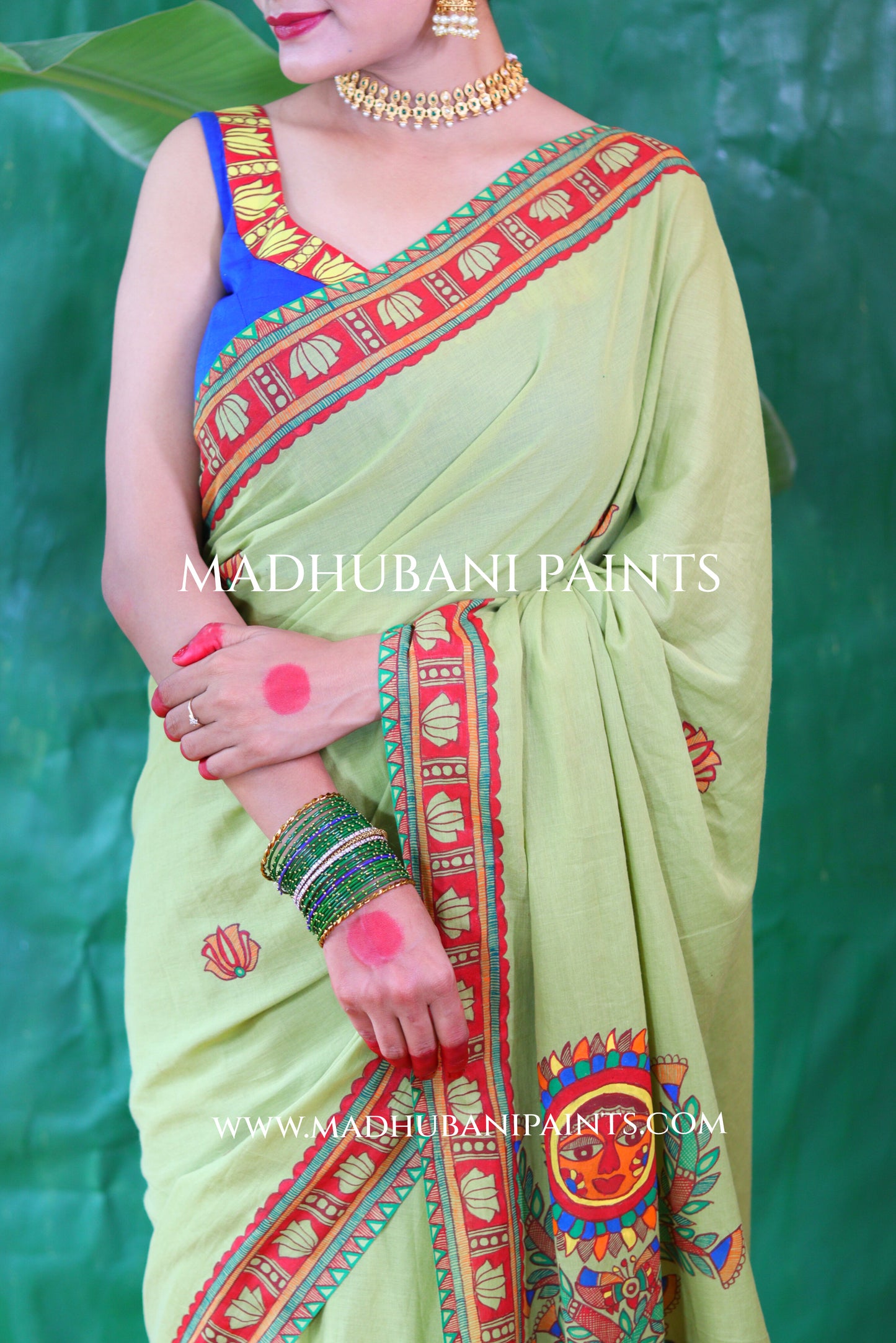 BHAKTI BHAVA Chhath Puja Hand painted Madhubani Mul Cotton Saree Blouse Set