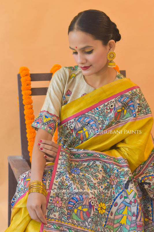 "Peela Ramayan" Hand-painted Madhubani Tussar Silk Saree