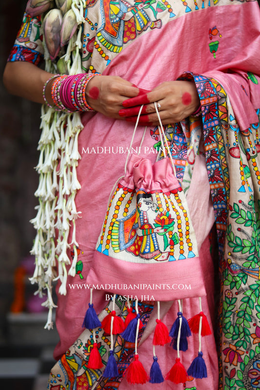 Durga Ji Ki Palki Handpainted Tussar Silk Madhubani Potli