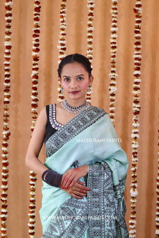 SAANKH KAMAL MANDALA Hand-painted Madhubani Tussar Silk Saree Blouse Set