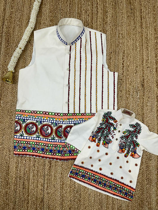 Fish Madhubani Men's Nehru Jacket Kids Kurta Set