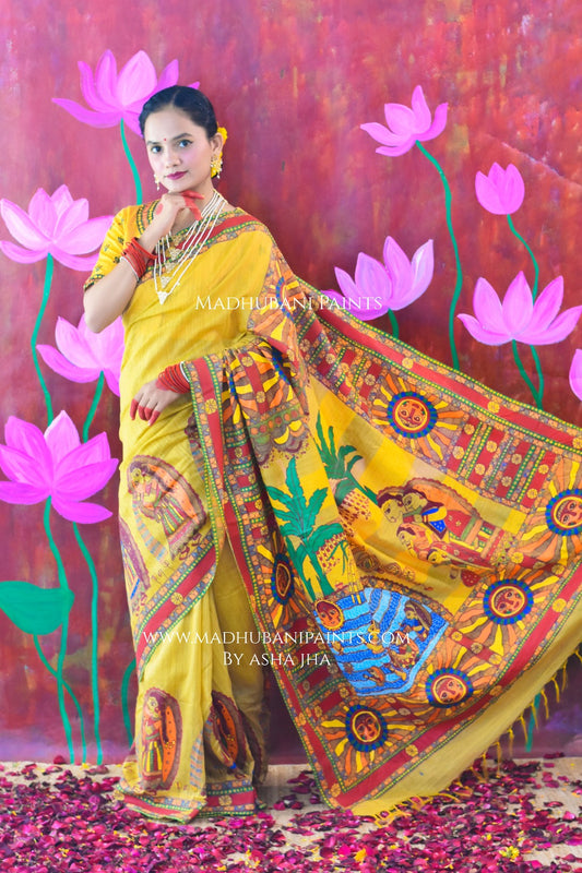 CHHATH MAHOTSAV Handpainted Madhubani Chanderi Saree Blouse Set