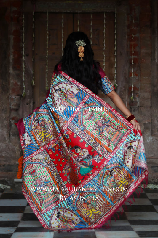KAMAKHYA Handpainted Tussar Silk Madhubani Saree