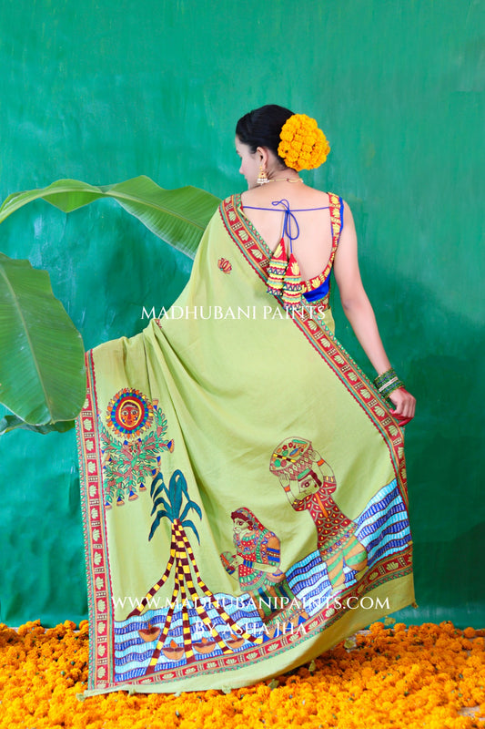 BHAKTI BHAVA Chhath Puja Hand painted Madhubani Mul Cotton Saree Blouse Set