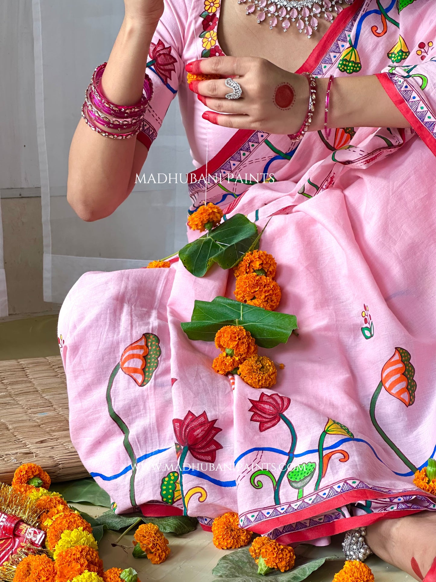 Madhushravani Pink Bridal Hand-painted Madhubani Painting Cotton Saree