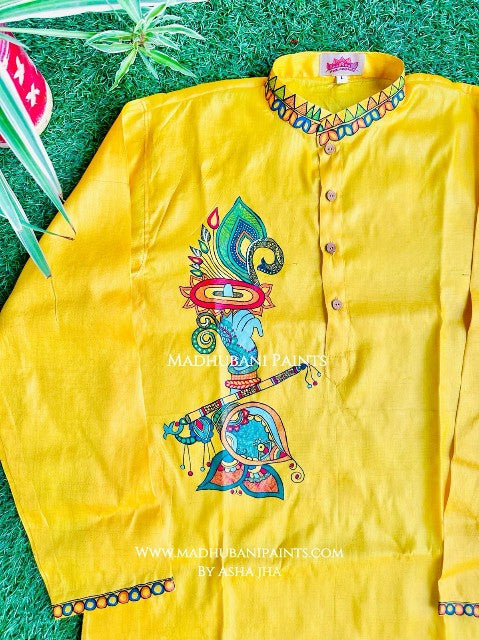 Yellow Krishna's Mor Paankh Hand-painted Madhubani Men's Tussar Silk Kurta