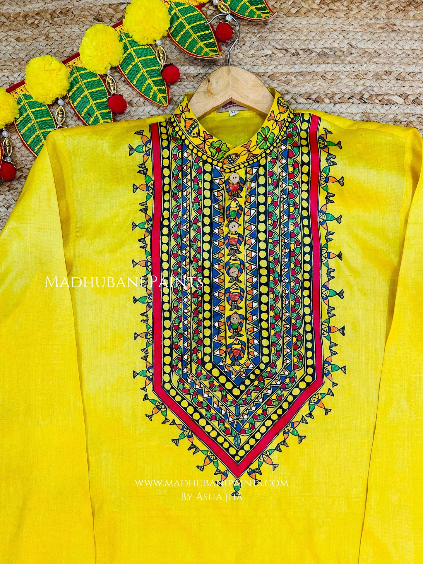 Yellow Surmai Kamal Men's Hand-painted  Madhubani Tussar Silk Kurta