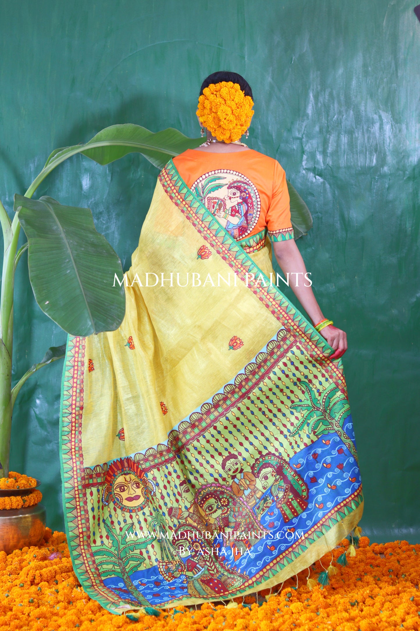 VRATI Chhath Puja Handpainted Madhubani Tissue Linen Saree Blouse Set