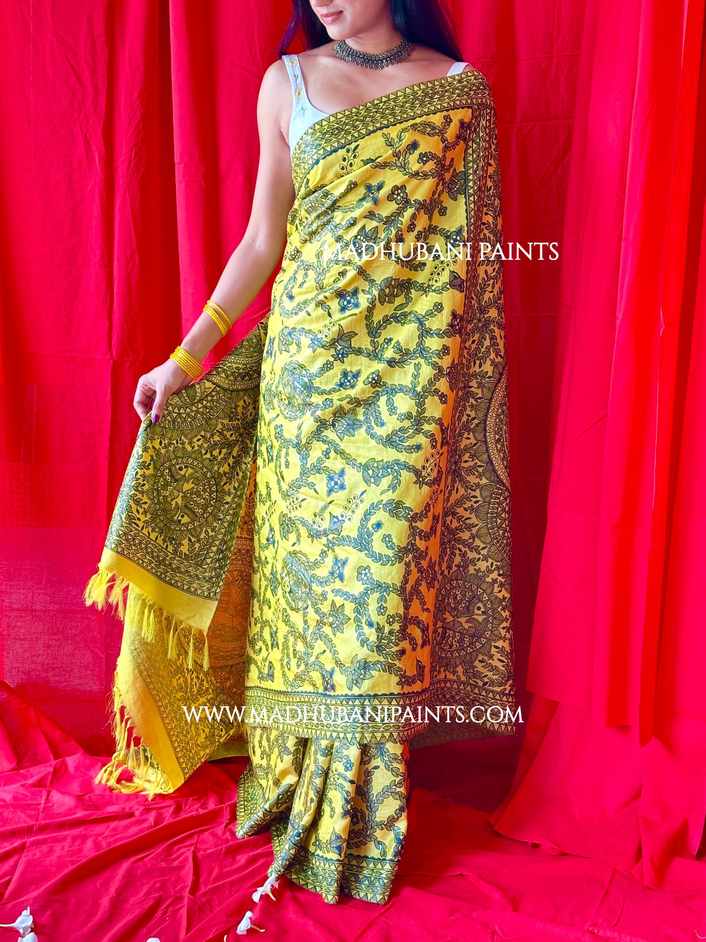 MAYUR MANDALI Full Handpainted Madhubani Saree
