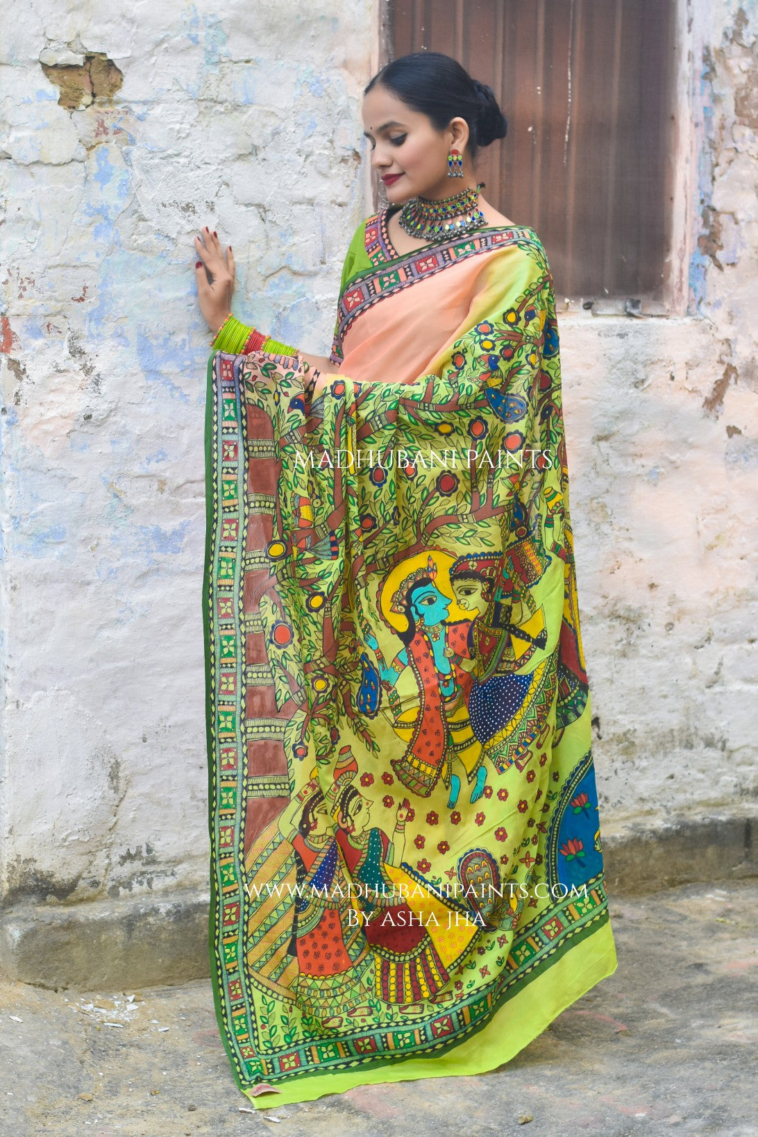 Radha Raman Prem Manjari Hand-painted Madhubani Chiffon Saree