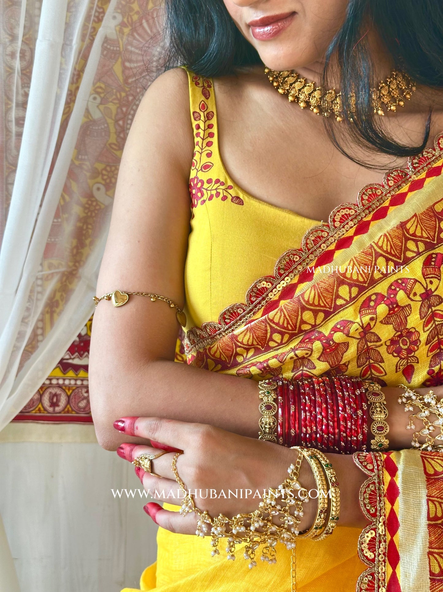 Haldi Bridal Hand-painted Madhubani Painting Saree Blouse Set