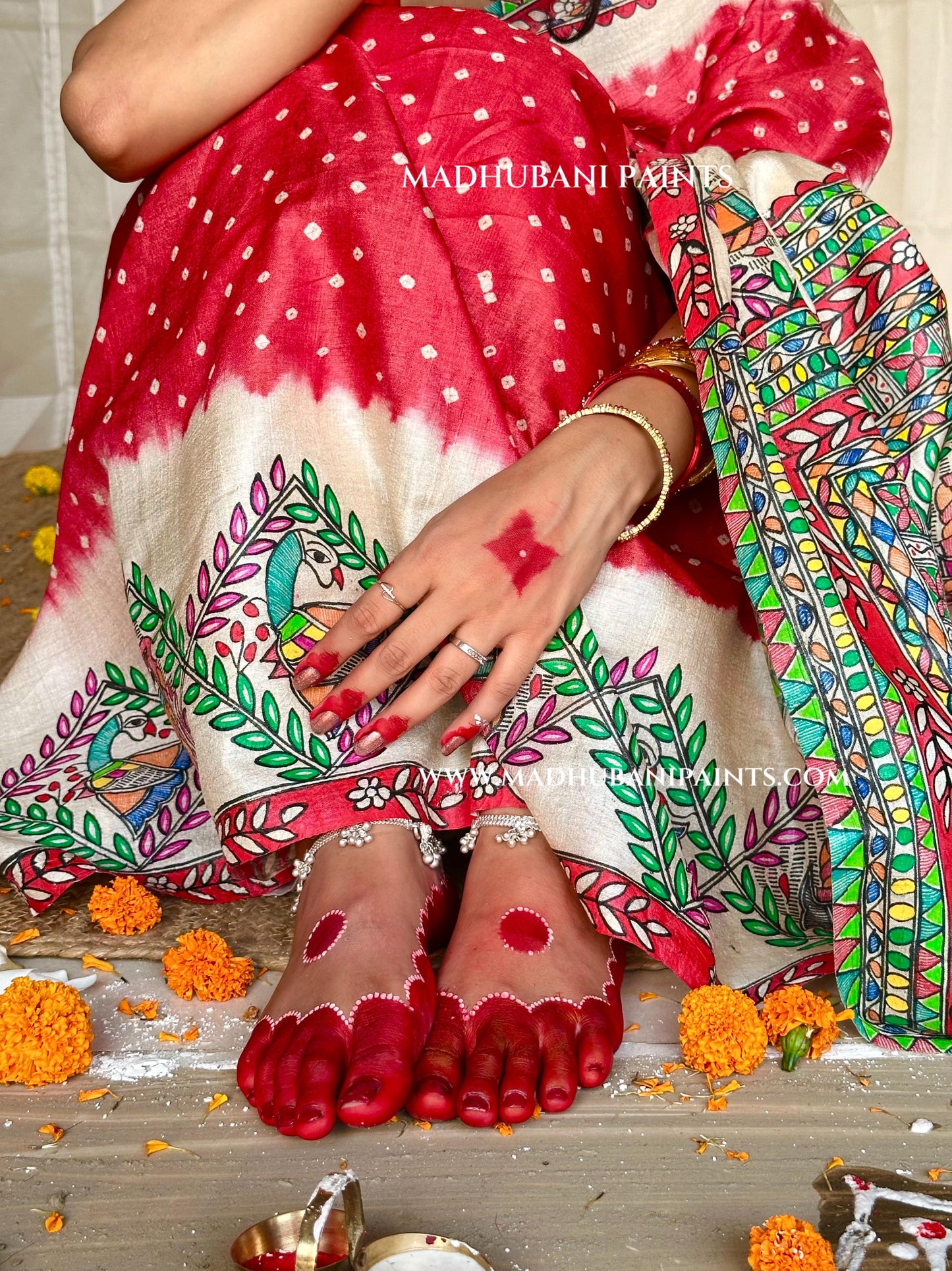 GULAB Handpainted Tussar Silk Bandhini Madhubani Saree