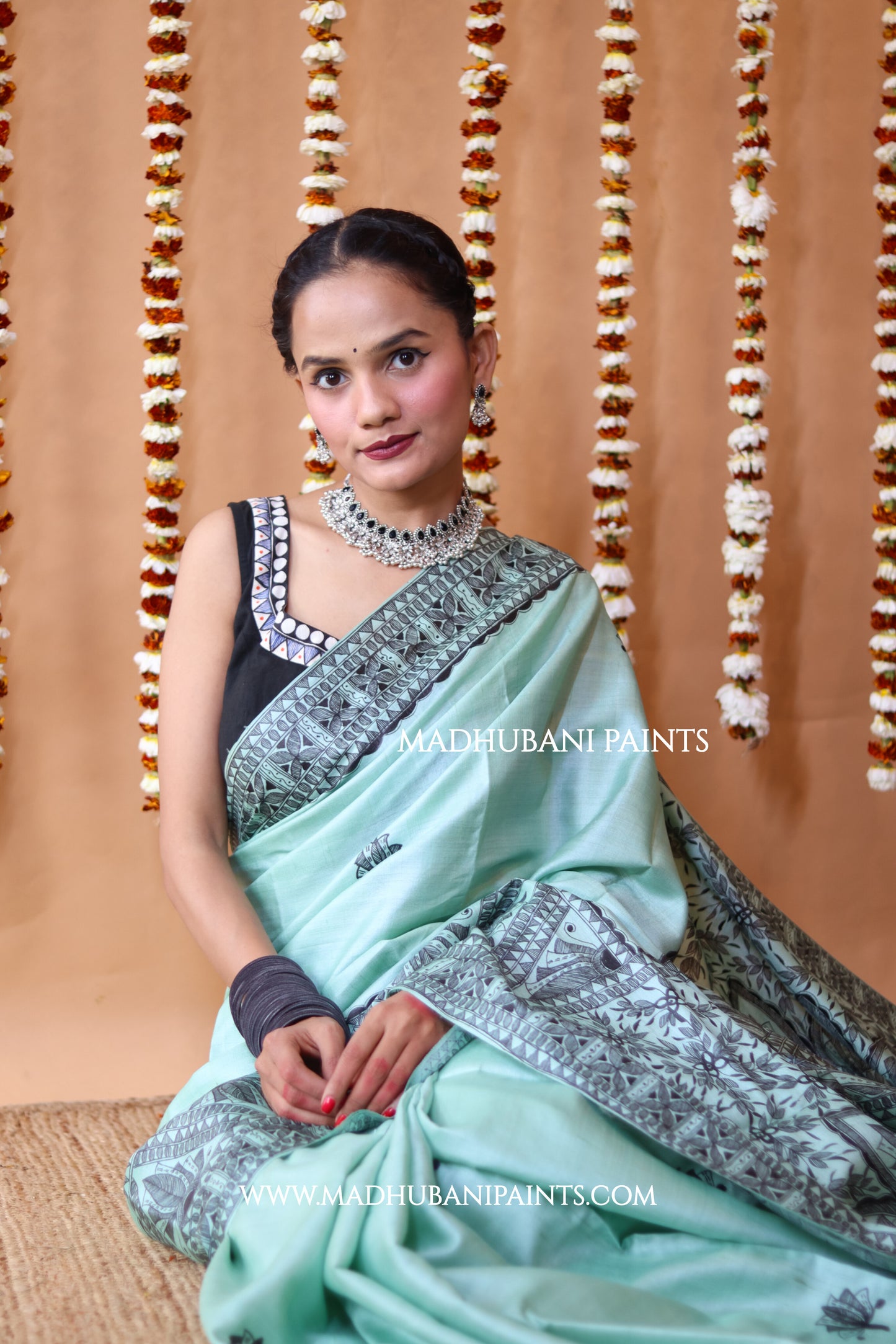 SAANKH KAMAL MANDALA Hand-painted Madhubani Tussar Silk Saree Blouse Set