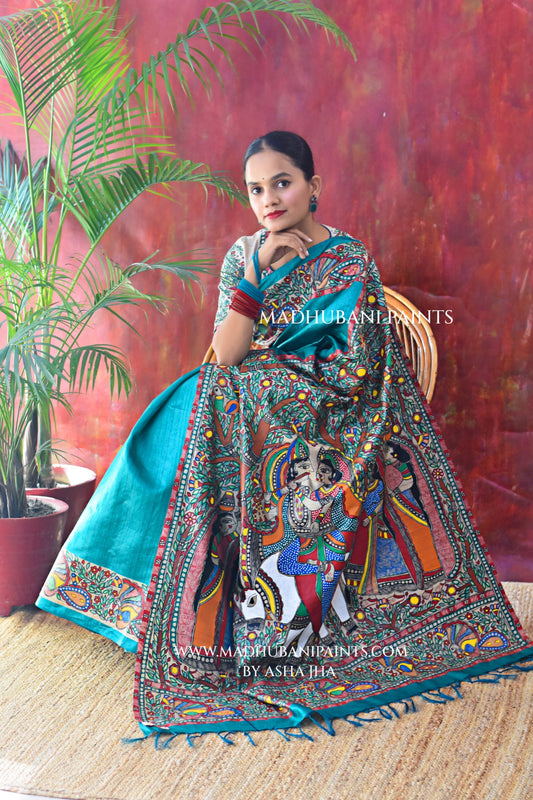 ANANDMAYI Handpainted Madhubani Tussar Silk Saree Blouse Set