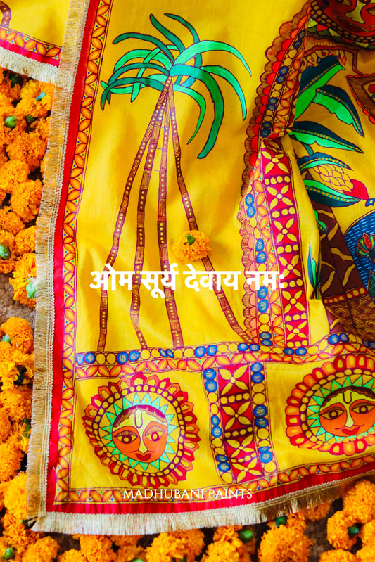 CHHATH PARV Hand painted Madhubani Mul Cotton Saree Blouse Set
