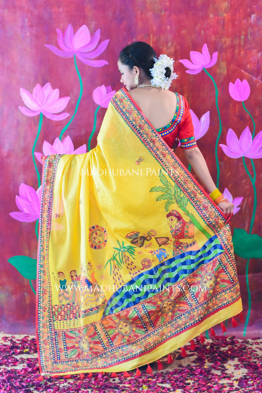 SURYA KIRAN Chhath Puja Hand painted Madhubani Mul Cotton Saree Blouse Set