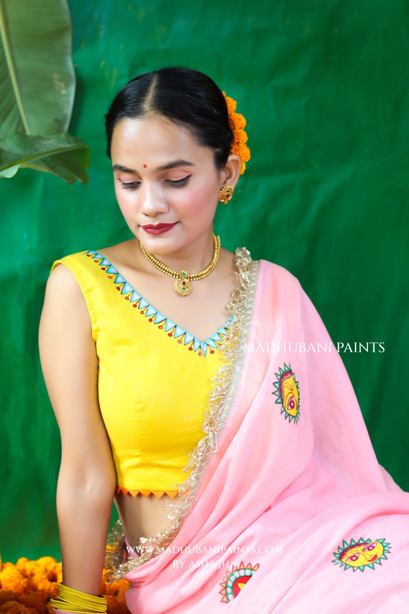 SURYA Chhath Puja Handpainted Madhubani Mul Cotton Saree Blouse Set